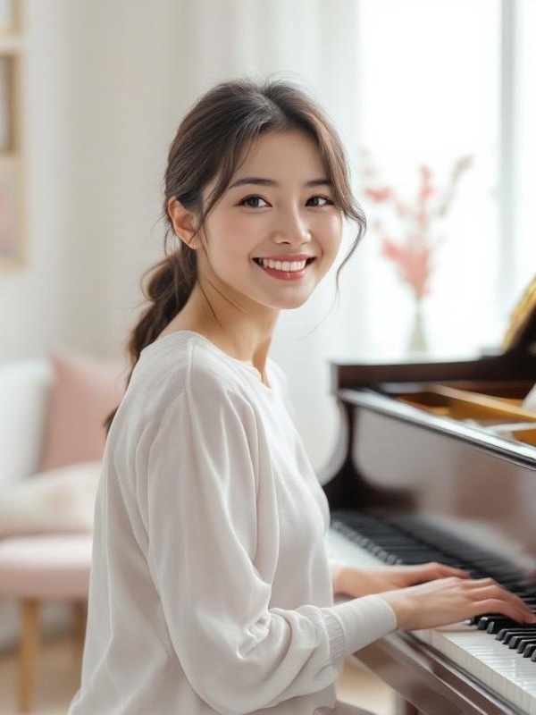 まどか先生がピアノの前で微笑む