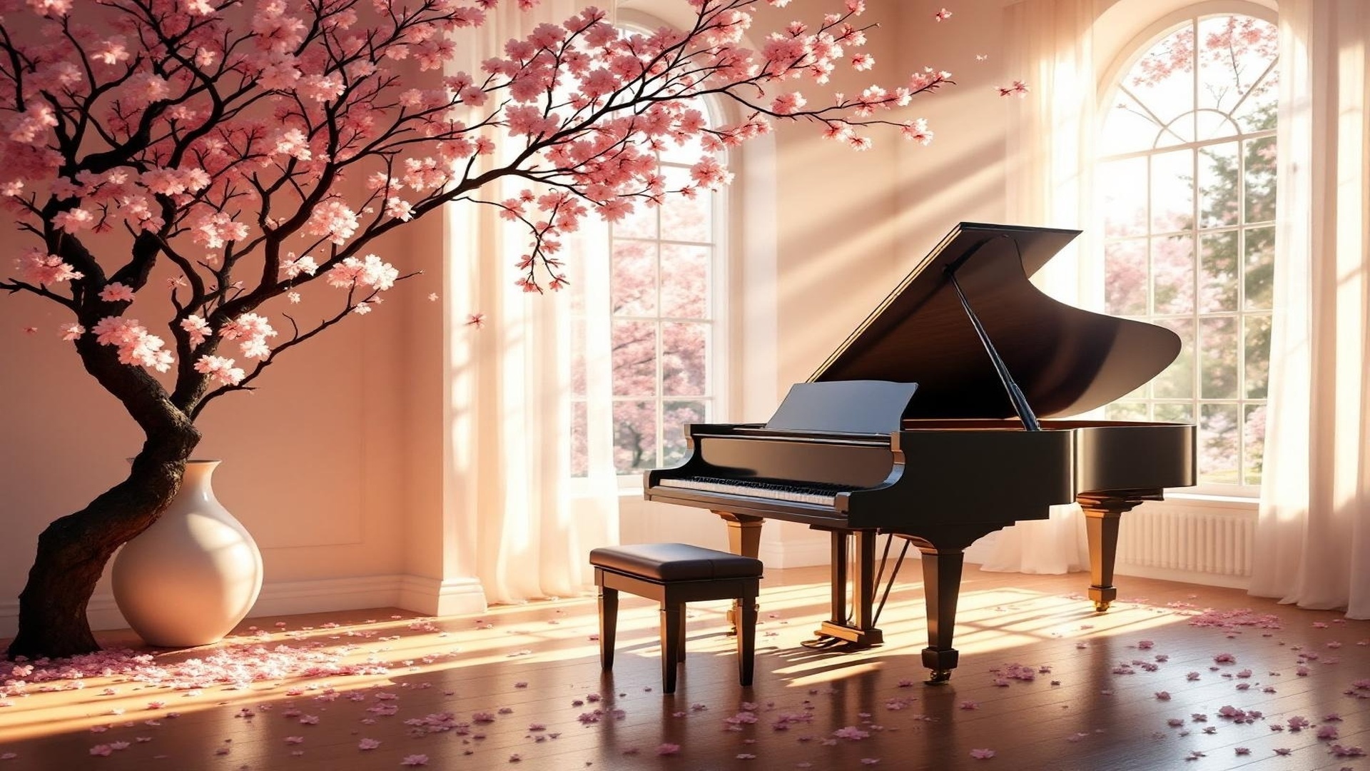 自然光に照らされたグランドピアノ